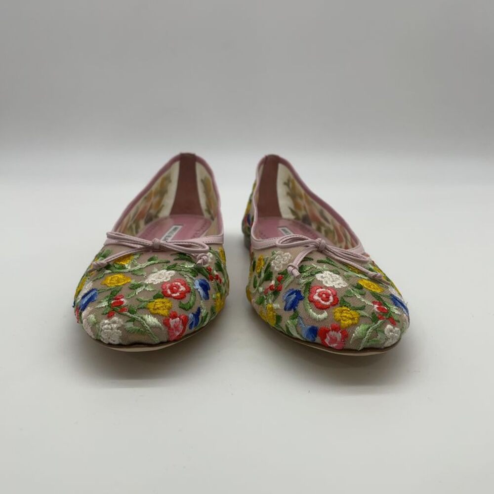 Manolo Blahnik Floral Embroidered Pink Trim Ballet Flats